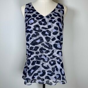 CAbi ‘Feline Flounce’ Leopard Print Purple Sleeveless Blouse Women’s Size XS